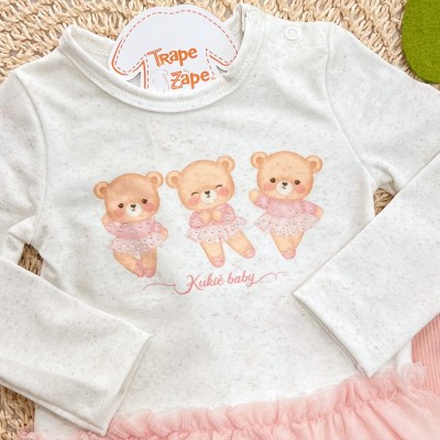 Conj. Blusa Manga Longa Três Ursinhas Bailarinas e Calça Legging - Areia e Rose